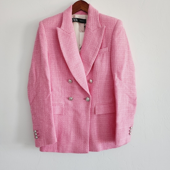 Zara Pink Double Breasted Textured Blazer Jacket  Size XS - Picture 4 of 14
